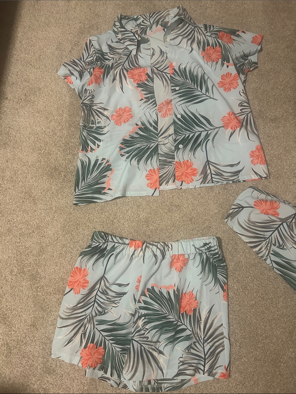 Women’s Tropical Floral Bandeau Set - Light Blue with Coral Flowers